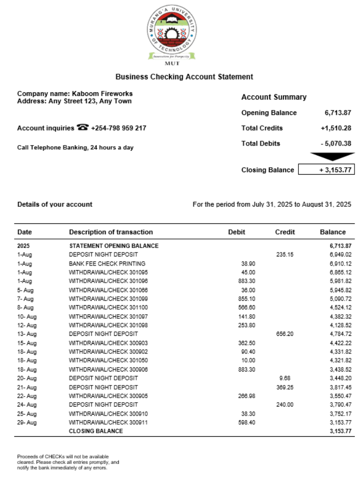Muranga University of Technology business organization checking  statement Word and PDF format